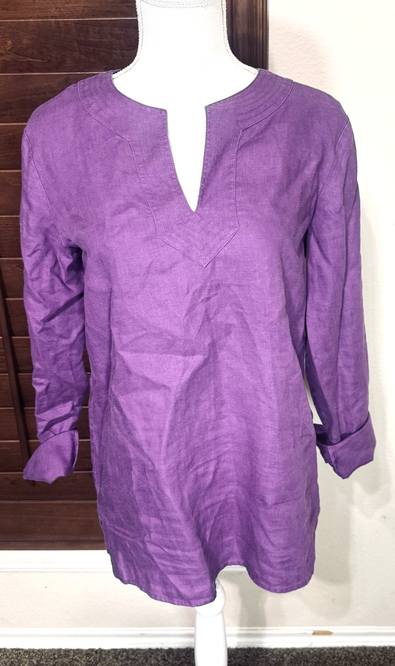 LRL Ralph Lauren 100% Linen Purple Top Blouse Fuchsia Popover roll tab sleeves M